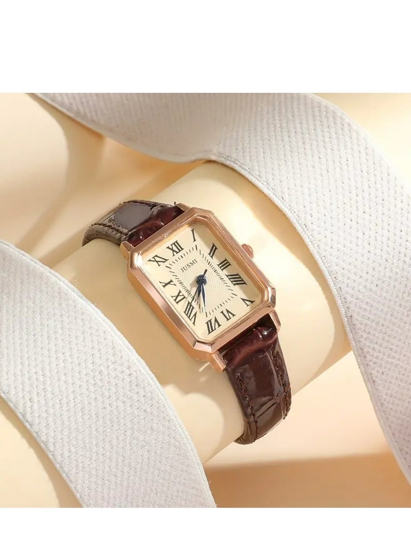 JUSMI Casual Rectangle Pointer Quartz Watch Rome Fashion Analog Retro PU Leather Wrist Watch For Women Female - Image 1