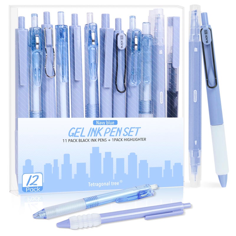 Tetragonal tree 12Pcs Gel Pens Set, 11 Black Ink Pens, 1 Highlighter, Retractable 0.5mm Fine Point Pens for Office School (Navy Blue) - Image 1