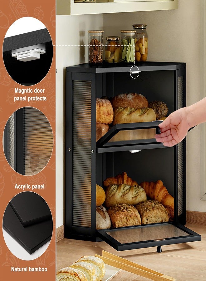 WOWLIVE Corner Bread Box for Kitchen Countertop, Double Layer Bamboo Bread Storage Container, Large Farmhouse Bread box with Acrylic Wavy Door Panel, Under Cabinet Organizer (Black, Extra Large) - Image 4