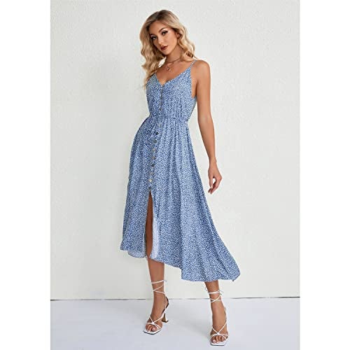 BROVAVE Women's 2025 Summer Casual Boho Sundress Polka Dot Spaghetti Strap V Neck Flowy Midi Dresses(008 Light Blue, Medium) - Image 2