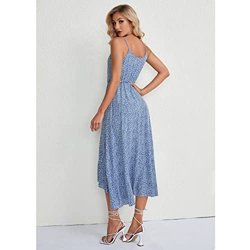 BROVAVE Women's 2025 Summer Casual Boho Sundress Polka Dot Spaghetti Strap V Neck Flowy Midi Dresses(008 Light Blue, Medium) - Image 3