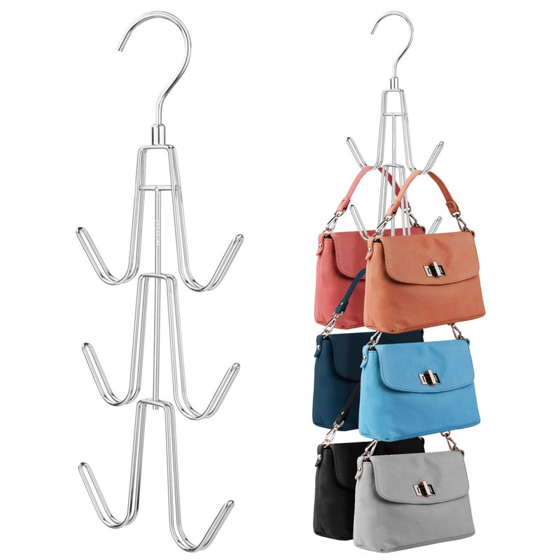 ZEDODIER Purse Organizer for Closet, 3 Pack Rotatable Sturdy Purse Hanger Bag Rack with 18 Hooks, Space Saving Handbag Backpack Holder, Closet Organizers and Storage, Silver - Image 1
