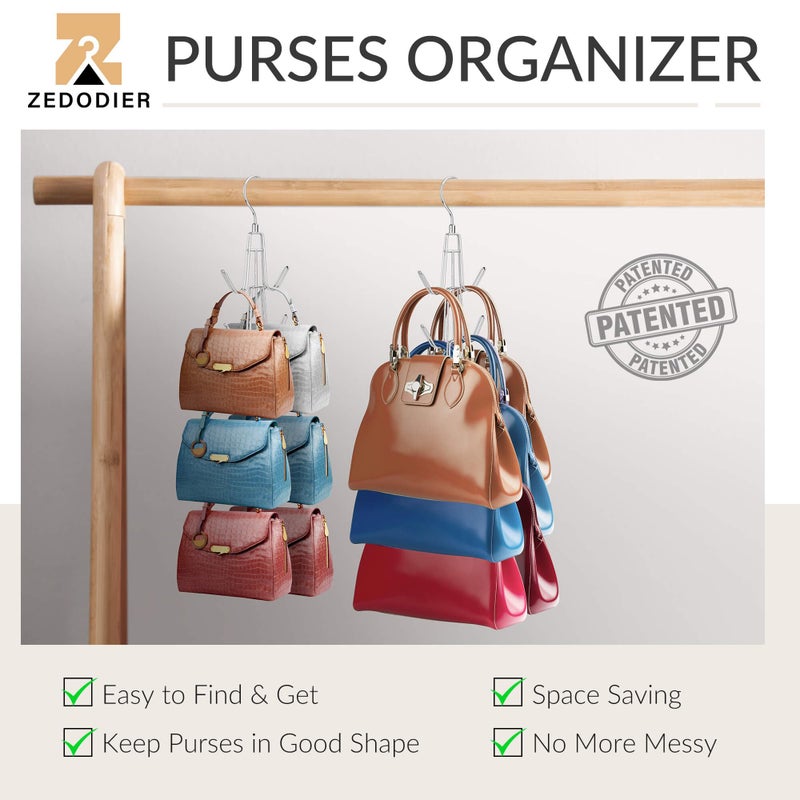 ZEDODIER Purse Organizer for Closet, 3 Pack Rotatable Sturdy Purse Hanger Bag Rack with 18 Hooks, Space Saving Handbag Backpack Holder, Closet Organizers and Storage, Silver - Image 2