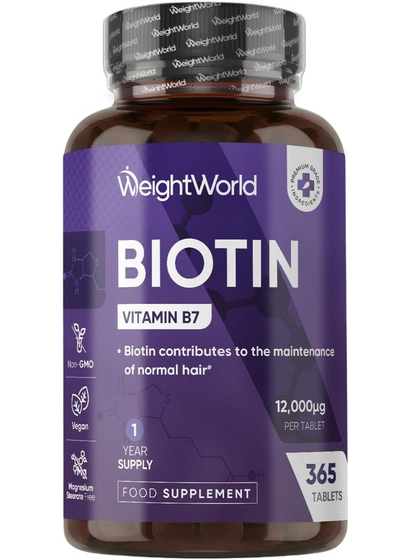 WeightWorld Biotin Tablets - 365 Vegan Tablets - 1 Year Supply - 1 Tablet per Day - 12000mcg Biotin Supplements - Travel-Friendly, Non-GMO & Magnesium Stearate-Free Vitamin B7 Supplement - Image 1