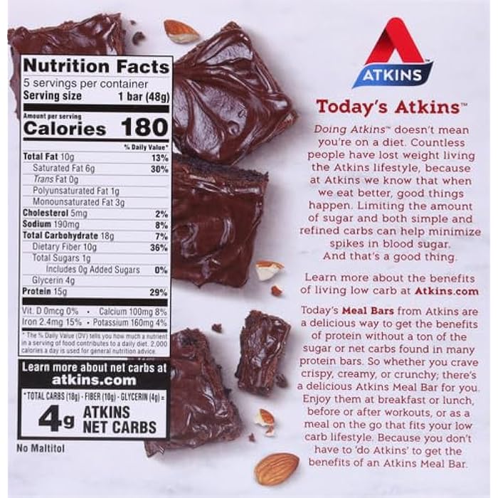 Atkins بار وجبة بروتين أتكينز دبل فادج براوني، عالي الألياف، 15 جرام بروتين، 1 جرام سكر، 4 جرام كربوهيدرات صافية، بديل للوجبة، مناسب للكيتو - Image 3