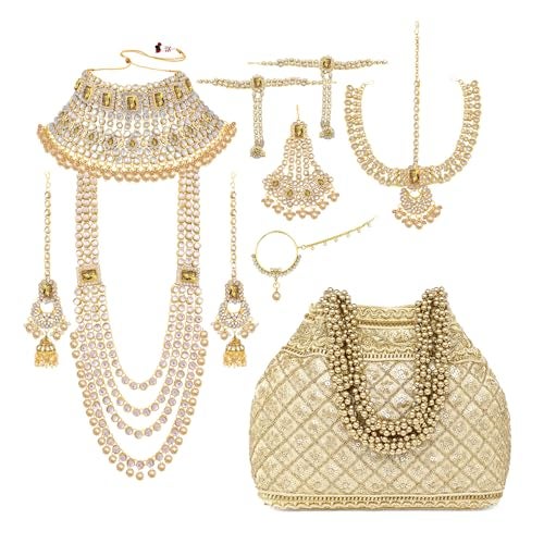 Peora Combo of Bridal Kundan Jewellery Set & Cream Color Potli Bag Gifts for Women - Image 1