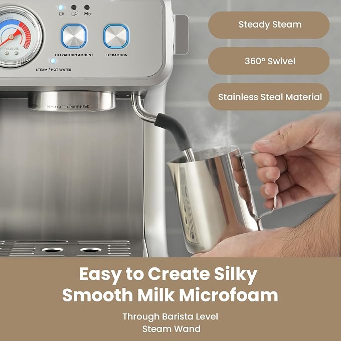 Gevi Dual Boiler Espresso Machine With Grinder & 58mm Portafilter | Stable Dual Boiler Extraction, Customizable Grind Sizes, Premium Steam Wand, Stylish Silver Machine For Homemade Cafe Drinks - Image 2