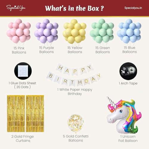 SpecialYou.in Unicorn Theme Happy Birthday Decoration, Fringe Foil Curtain Backdrop For Photography & Decor With Confetti Balloons, Unicorn Foil Balloon, Happy Birthday Paper & Pastel Balloons -86 Pcs - Image 2