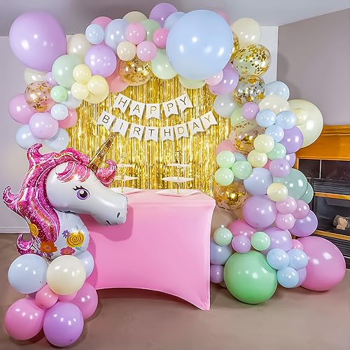 SpecialYou.in Unicorn Theme Happy Birthday Decoration, Fringe Foil Curtain Backdrop For Photography & Decor With Confetti Balloons, Unicorn Foil Balloon, Happy Birthday Paper & Pastel Balloons -86 Pcs - Image 1