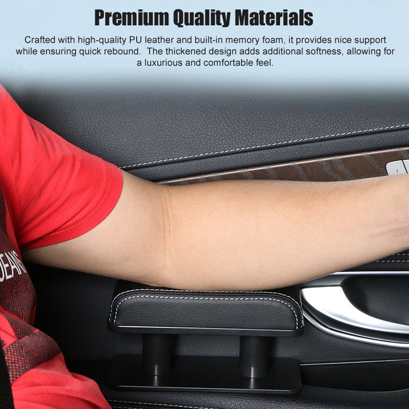 وسادة راحة الذراع للسيارة: سوداء بخط سوداء، تصميم إرجوني، ارتفاع قابل للتعديل على 3 مستويات - من جلد PU مميز ورغوة ذاكرة، وسادة راحة ذراع مضادة للانزلاق وقابلة للغسيل مناسبة لأكثر أنواع السيارات، لقياسات الطويلة - Image 2