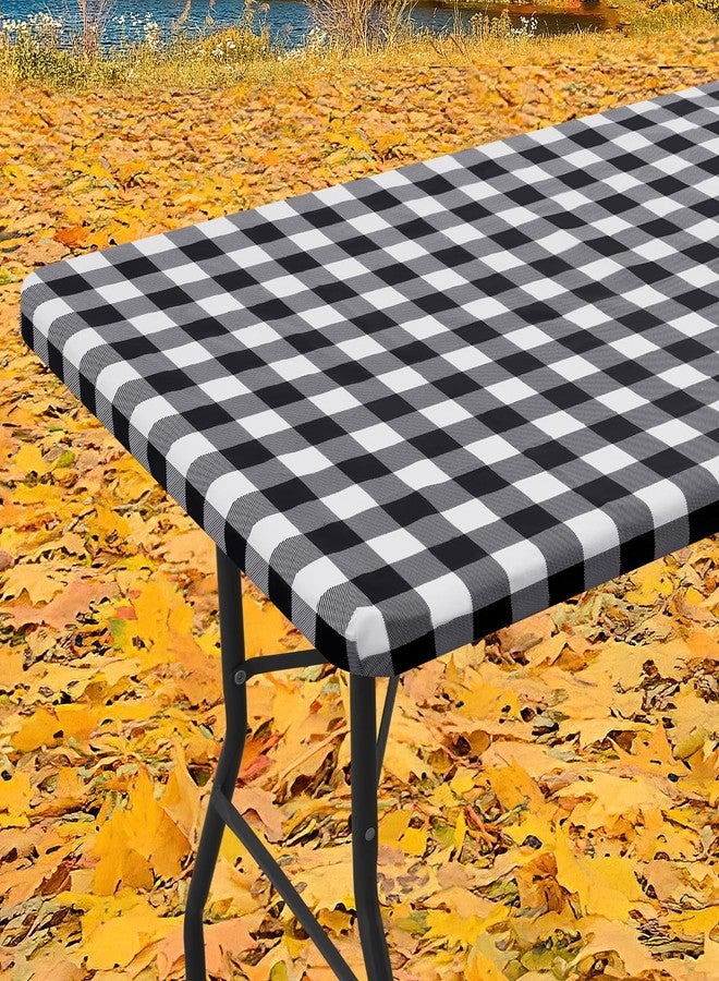 Smiry Rectangle Picnic Table Cloth, Elastic Waterproof Fitted Vinyl Tablecloths, Flannel Backed Buffalo Plaid Table Covers for Dining, Camping, Outdoor (Black and White, 30" x 48") - Image 1