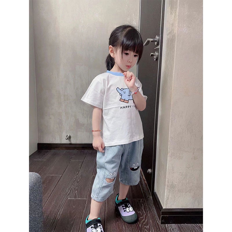 Baby Shorts Style Kidsren'S Cartoon Print Korean Style Girls' Style Elastic Cropped Pants Summer Jeans - Image 3
