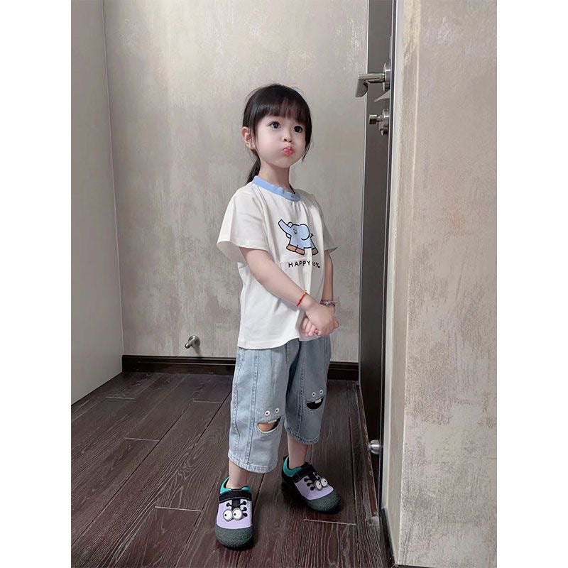 Baby Shorts Style Kidsren'S Cartoon Print Korean Style Girls' Style Elastic Cropped Pants Summer Jeans - Image 2