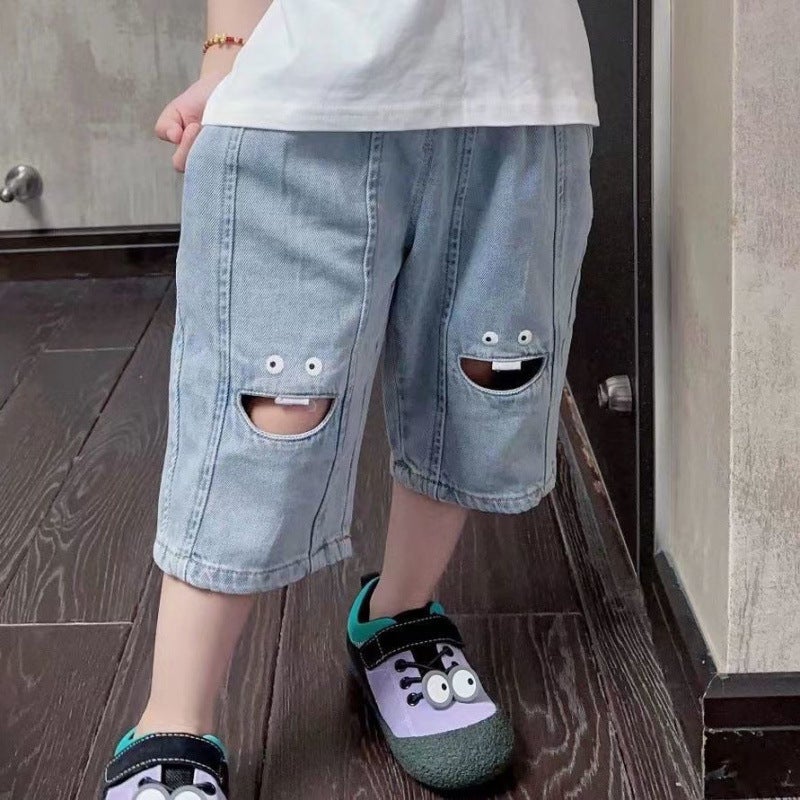 Baby Shorts Style Kidsren'S Cartoon Print Korean Style Girls' Style Elastic Cropped Pants Summer Jeans - Image 1