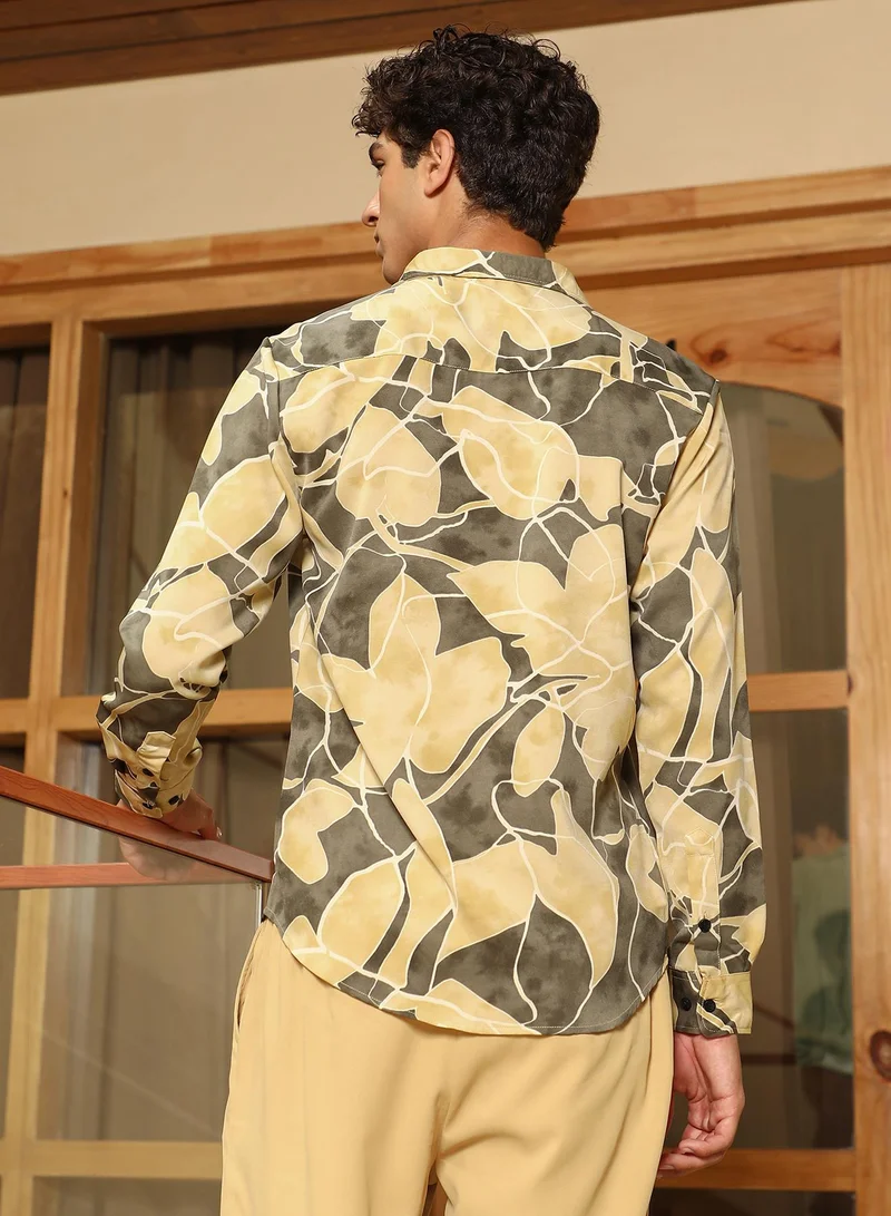 CAHOOT  Men's Olive Green:Pale Yellow Artistic-Foliage Lined Imrprint Shirt for Men | Best Price UAE