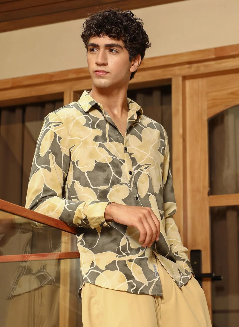 CAHOOT  Men's Olive Green:Pale Yellow Artistic-Foliage Lined Imrprint Shirt for Men | Best Price UAE