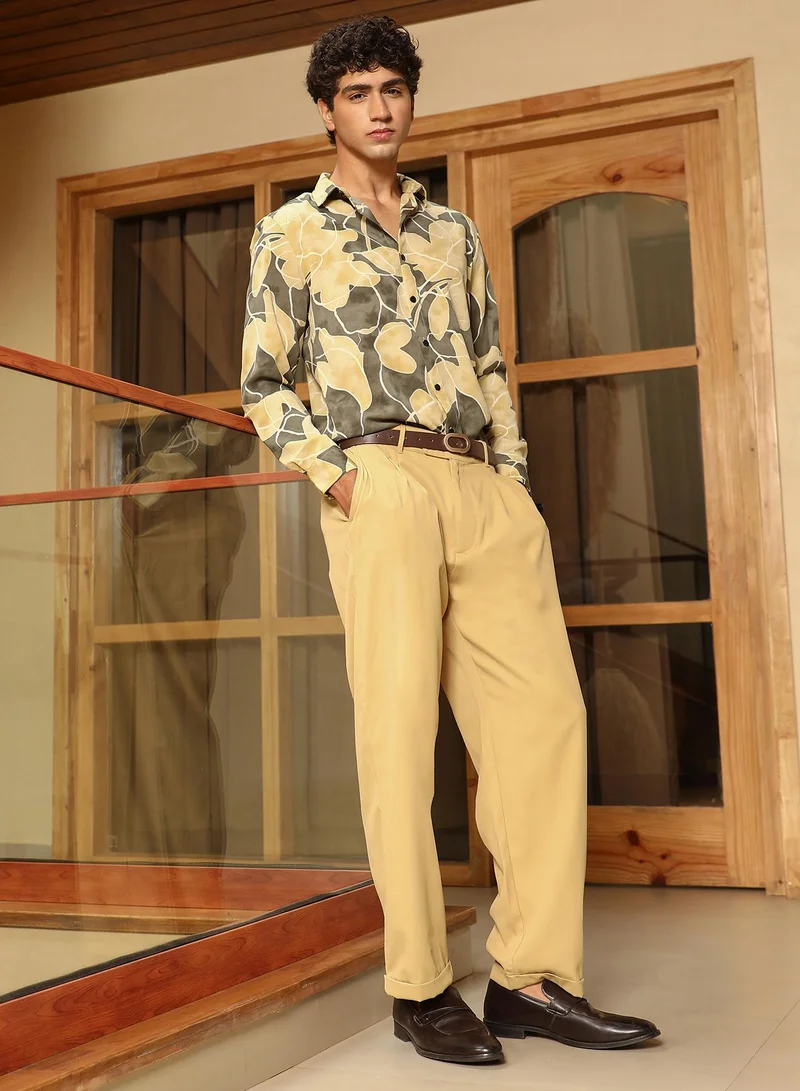 CAHOOT  Men's Olive Green:Pale Yellow Artistic-Foliage Lined Imrprint Shirt for Men | Best Price UAE