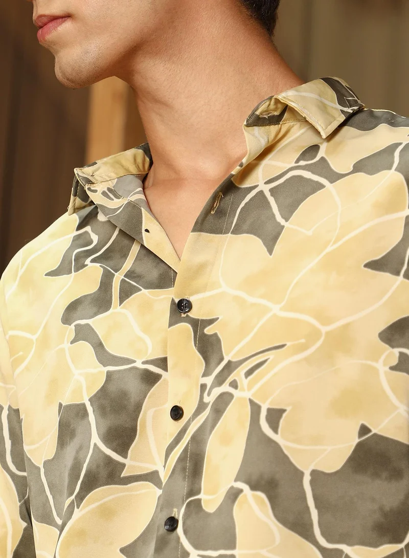 CAHOOT  Men's Olive Green:Pale Yellow Artistic-Foliage Lined Imrprint Shirt for Men | Best Price UAE