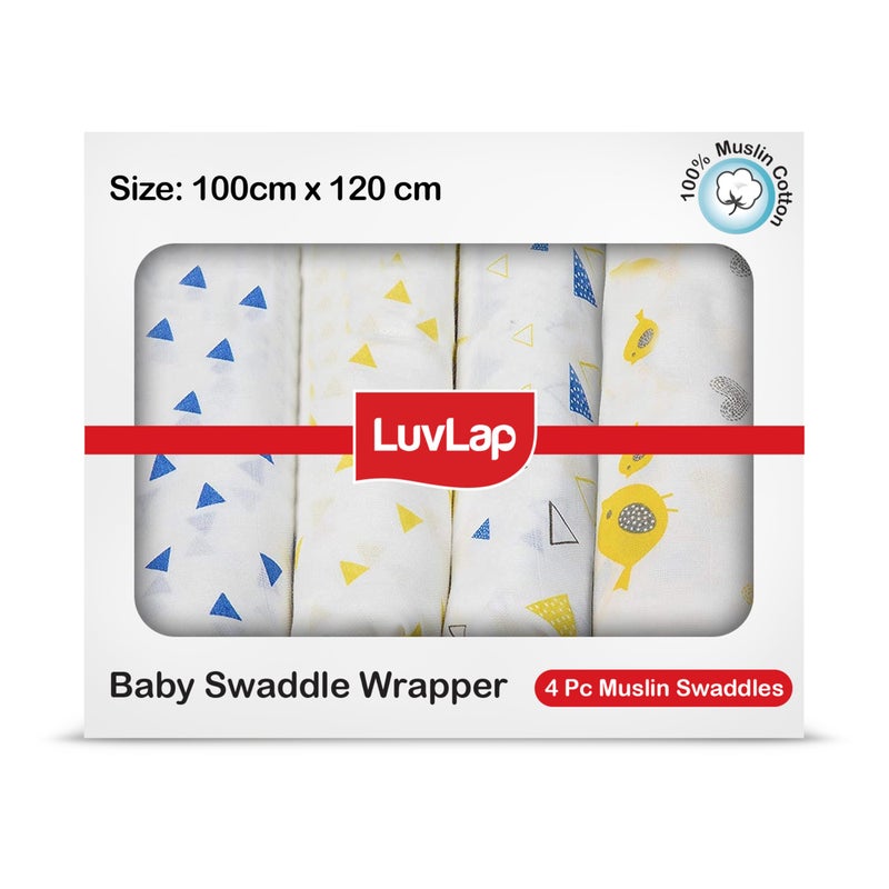 LuvLap 100% Cotton Muslin Baby Swaddles, Triangles & Birds White Print, 0-18M+, Pack of 4 - Image 1