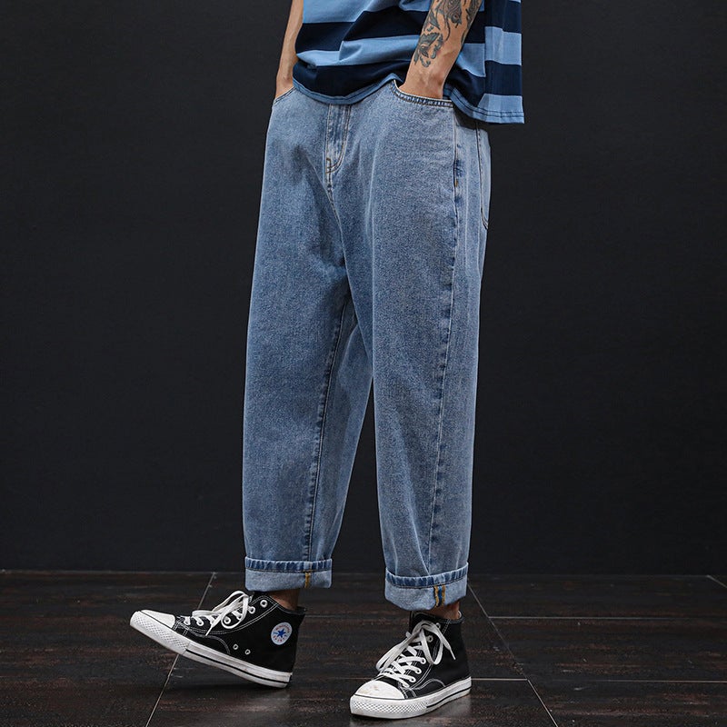 Generic Spring and Summer 2020 Harlan Jeans Mens Loose Large Size Stretch Cropped Wide Leg Mens Casual Pants Light Blue - Image 1