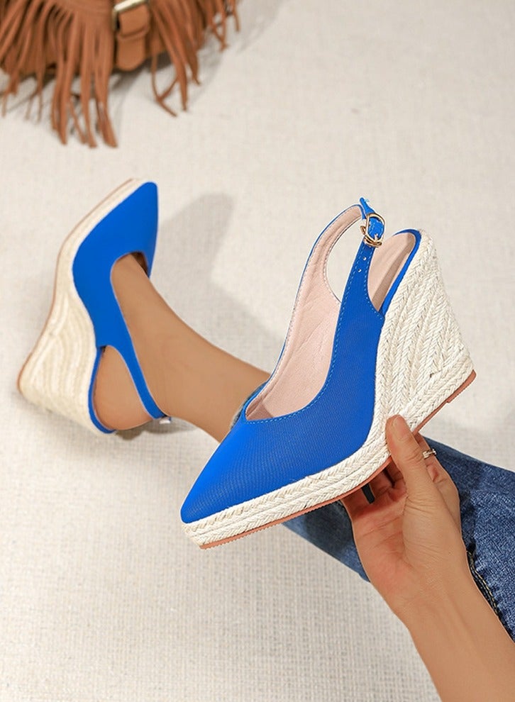 Loquat Espadrilles Wedge Sandals Closed Pointed Toe Slingback Buckle Strap Wedges Pumps Platform Heeled Sandal Blue - Image 1