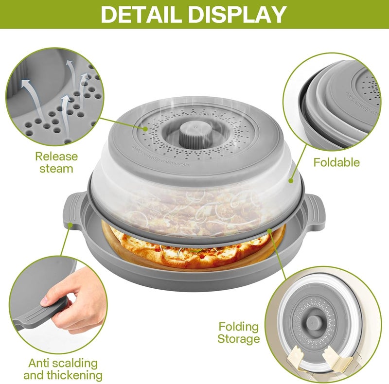 Saebume Microwave Splatter Cover for Food with Anti-scald Base Plate,Large Plastic & Silicone Vented Avoid Scalding Collapsible Guard Lid,Kitchen Essential Gadgets for Meal Prep-10.7 Inch (gray) - Image 5