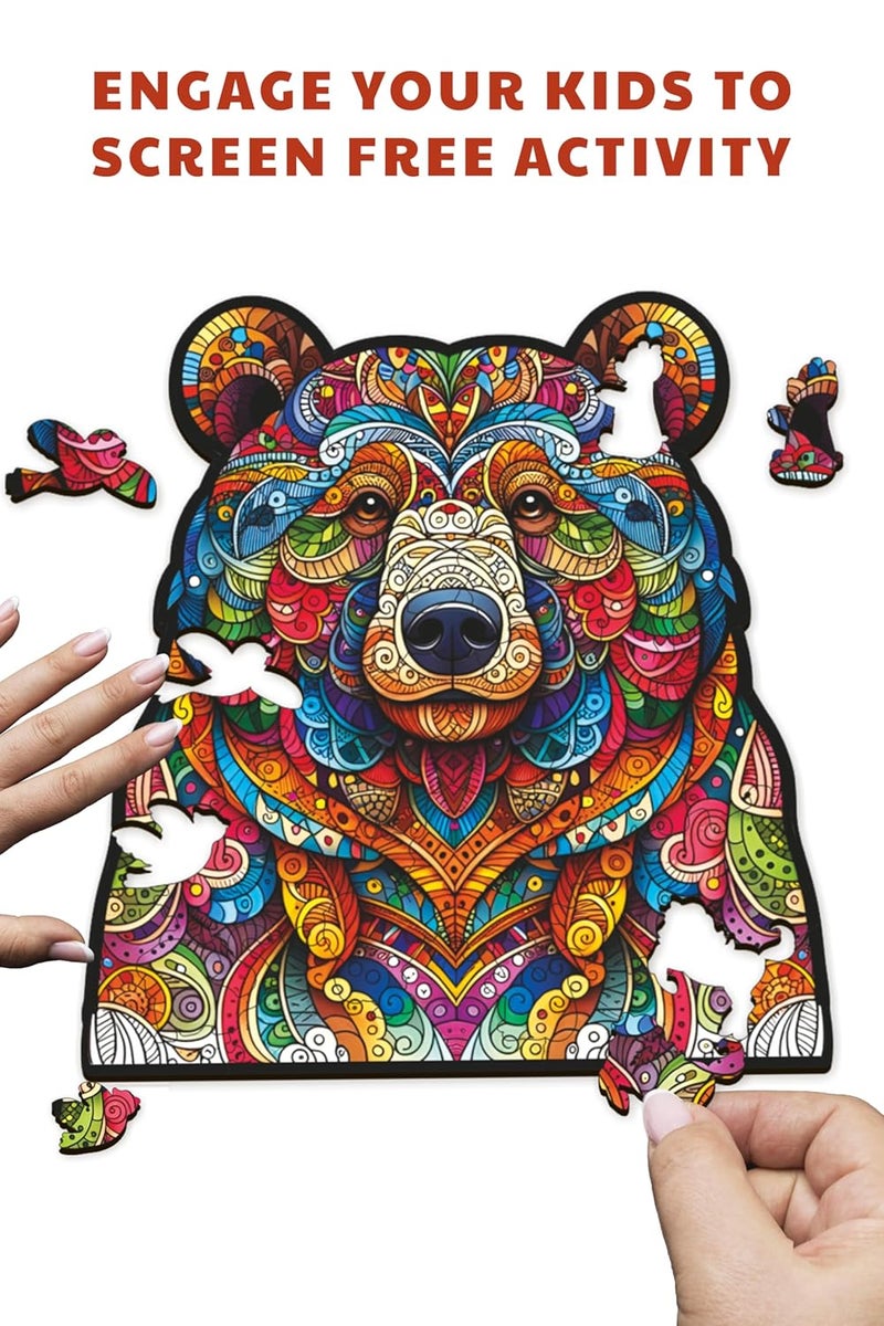 Webby لعبة بازل دب | حيوان خشبي ملون رائع | لعبة سفر | تصميم فن الزنطانجل | لعبة بازل خشبية للأطفال والبالغين (30 قطعة) - Image 5