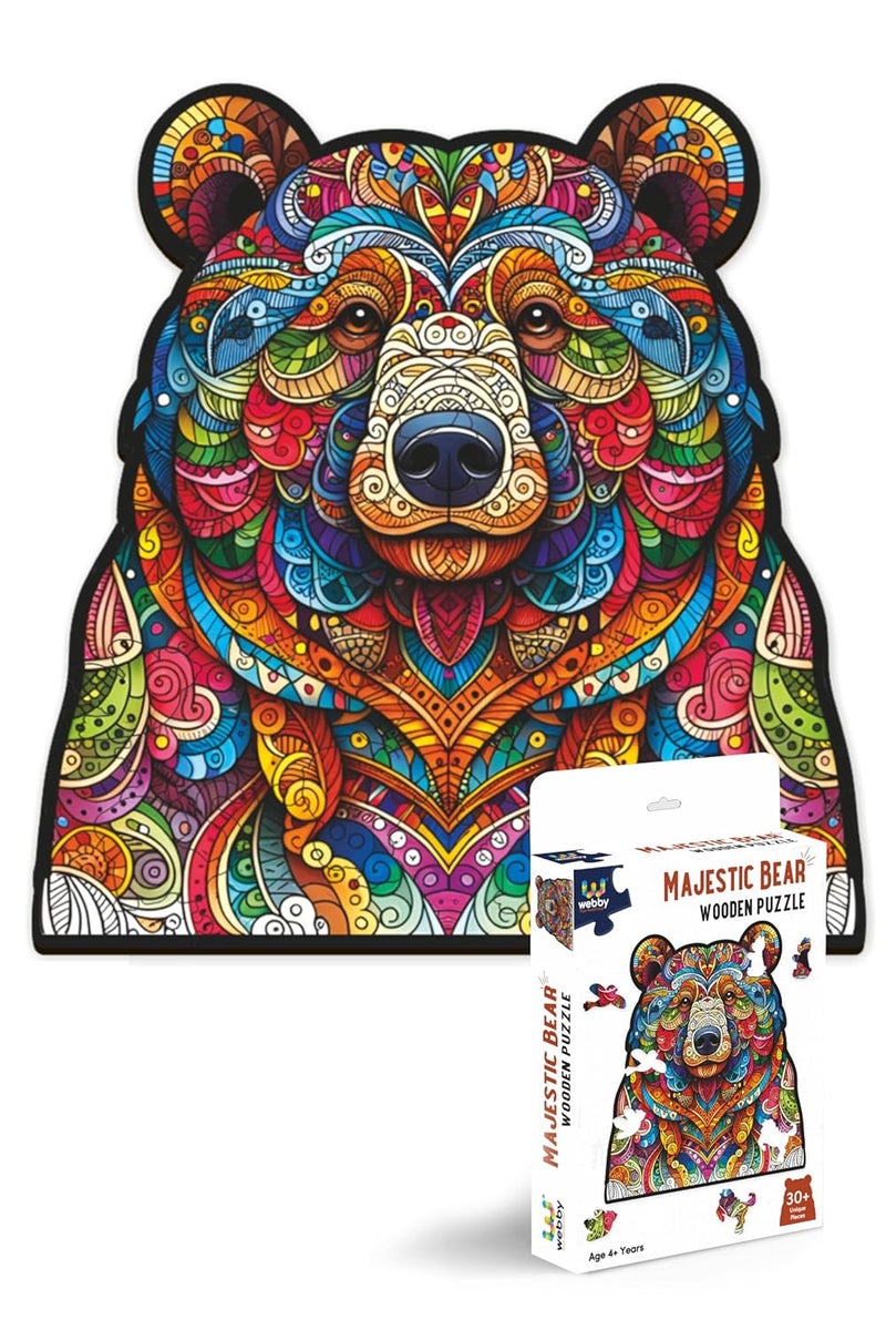 Webby لعبة بازل دب | حيوان خشبي ملون رائع | لعبة سفر | تصميم فن الزنطانجل | لعبة بازل خشبية للأطفال والبالغين (30 قطعة) - Image 1