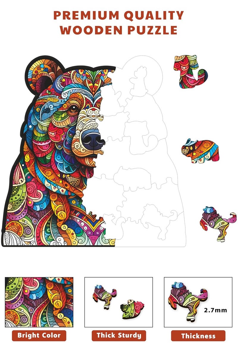 Webby لعبة بازل دب | حيوان خشبي ملون رائع | لعبة سفر | تصميم فن الزنطانجل | لعبة بازل خشبية للأطفال والبالغين (30 قطعة) - Image 4