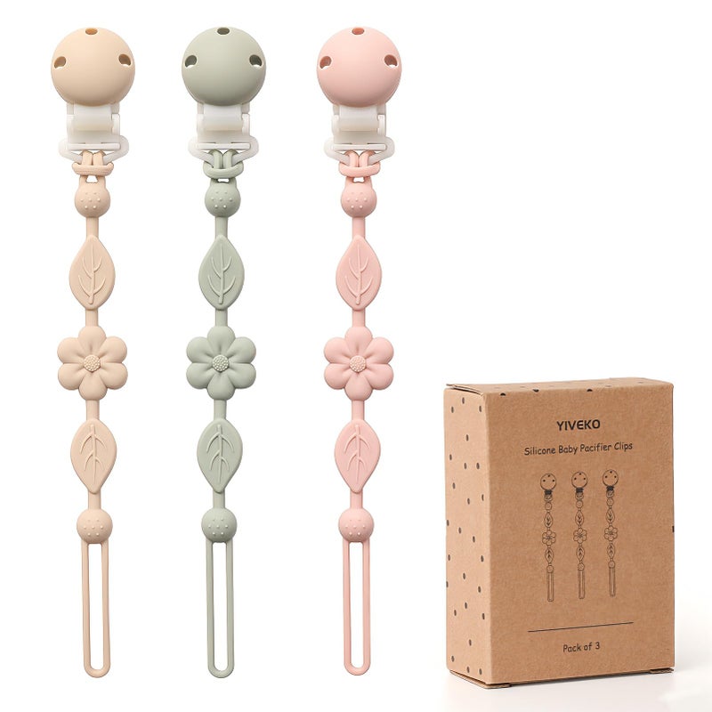 YIVEKO Pacifier Clips for Baby Silicone Pacifier Holder Clips for Boys Girls One Piece Baby Binky Clips YIVEKO Pacifier Clips Flower 3Pcs-Ivory+Sage+Blush - Image 1