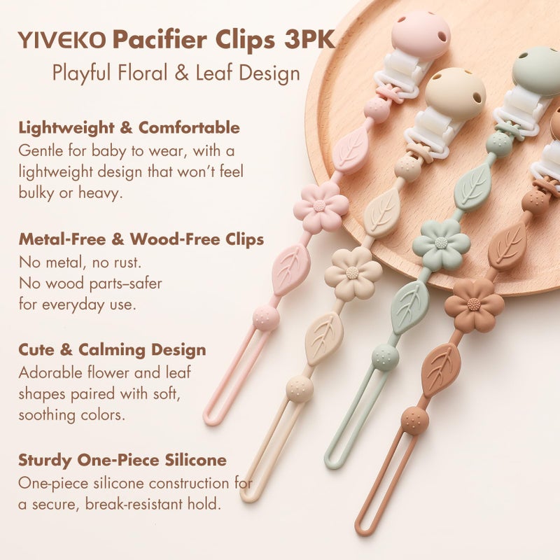 YIVEKO Pacifier Clips for Baby Silicone Pacifier Holder Clips for Boys Girls One Piece Baby Binky Clips YIVEKO Pacifier Clips Flower 3Pcs-Ivory+Sage+Blush - Image 2