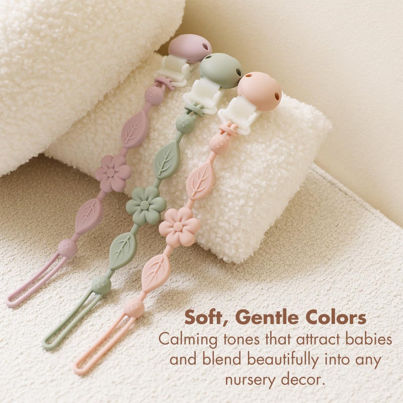 YIVEKO Pacifier Clips for Baby Silicone Pacifier Holder Clips for Boys Girls One Piece Baby Binky Clips YIVEKO Pacifier Clips Flower 3Pcs-Ivory+Sage+Blush - Image 4