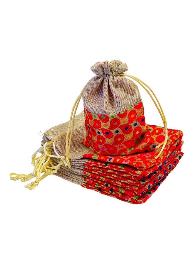 KRIWIN Pack of 25 pcs Small Size Brocade & Jute Potli Gift Bags (18 X 12 cm) Red & Beige - Image 1