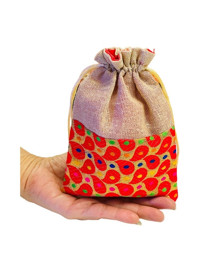 KRIWIN Pack of 25 pcs Small Size Brocade & Jute Potli Gift Bags (18 X 12 cm) Red & Beige - Image 2