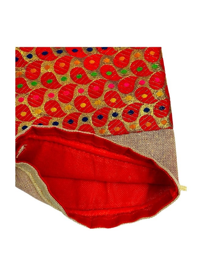 KRIWIN Pack of 25 pcs Small Size Brocade & Jute Potli Gift Bags (18 X 12 cm) Red & Beige - Image 5