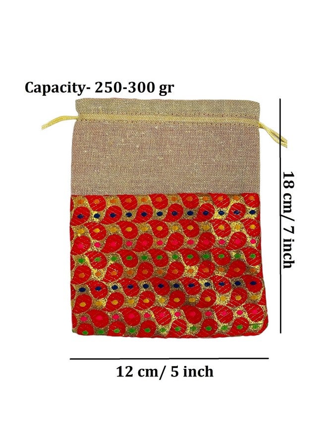KRIWIN Pack of 25 pcs Small Size Brocade & Jute Potli Gift Bags (18 X 12 cm) Red & Beige - Image 4