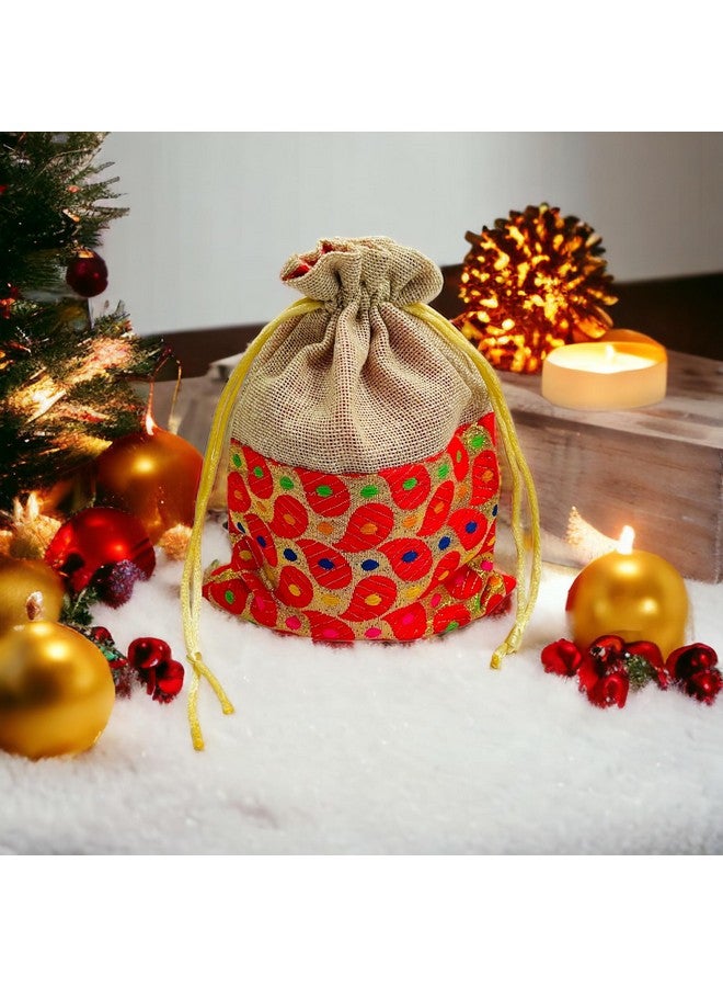 KRIWIN Pack of 25 pcs Small Size Brocade & Jute Potli Gift Bags (18 X 12 cm) Red & Beige - Image 3