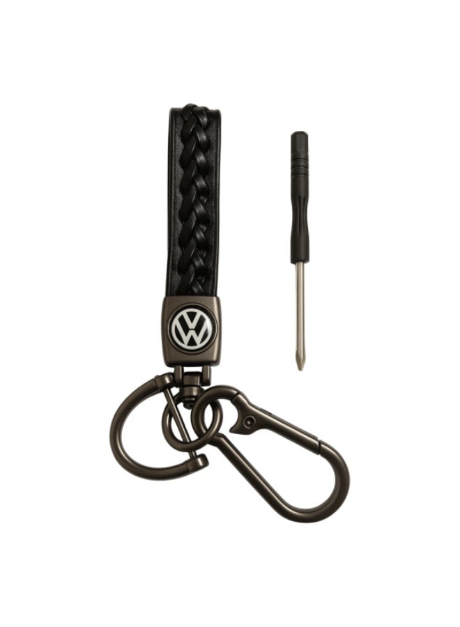 Volkswagen Leather Logo Keychain for Volkswagen Car and Metal Chain Keyring - Black - Image 2