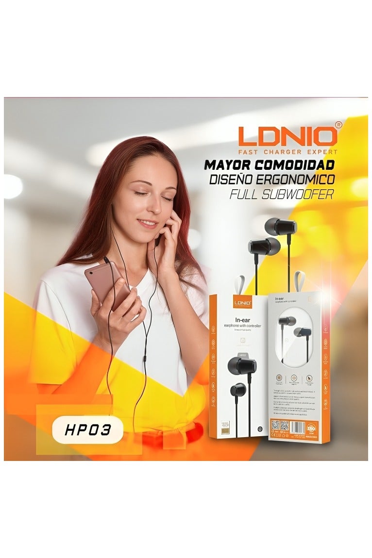 لدنيو سماعة أذن LDNIO HP03 مع وحدة تحكم، تصميم مريح، ترقية تقليل الضوضاء 3.5 مم - أسود - Image 5