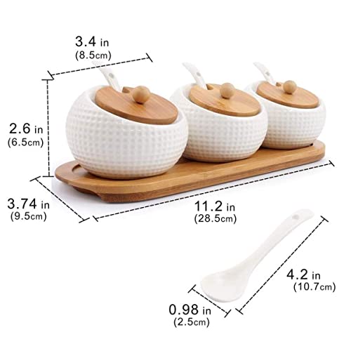 Leeonz® Porcelain Condiment Jar Spice Container with Lids - Bamboo Cap Holder Spot, Ceramic Serving Spoon, Wooden Tray - Best Pottery Cruet Pot for Your Home, Kitchen, Counter. White,170 ML, Set of 3 - Image 2