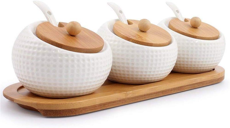 Leeonz® Porcelain Condiment Jar Spice Container with Lids - Bamboo Cap Holder Spot, Ceramic Serving Spoon, Wooden Tray - Best Pottery Cruet Pot for Your Home, Kitchen, Counter. White,170 ML, Set of 3 - Image 1