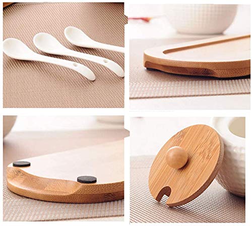 Leeonz® Porcelain Condiment Jar Spice Container with Lids - Bamboo Cap Holder Spot, Ceramic Serving Spoon, Wooden Tray - Best Pottery Cruet Pot for Your Home, Kitchen, Counter. White,170 ML, Set of 3 - Image 4