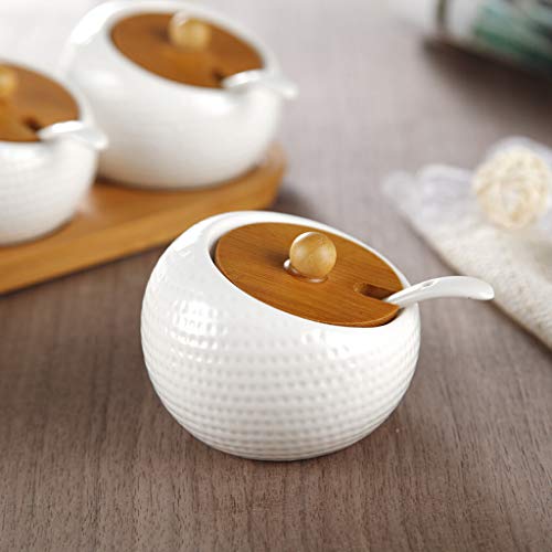 Leeonz® Porcelain Condiment Jar Spice Container with Lids - Bamboo Cap Holder Spot, Ceramic Serving Spoon, Wooden Tray - Best Pottery Cruet Pot for Your Home, Kitchen, Counter. White,170 ML, Set of 3 - Image 3