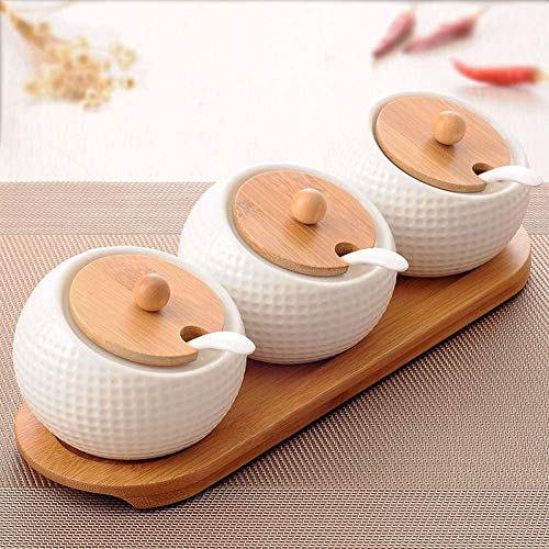 Leeonz® Porcelain Condiment Jar Spice Container with Lids - Bamboo Cap Holder Spot, Ceramic Serving Spoon, Wooden Tray - Best Pottery Cruet Pot for Your Home, Kitchen, Counter. White,170 ML, Set of 3 - Image 5