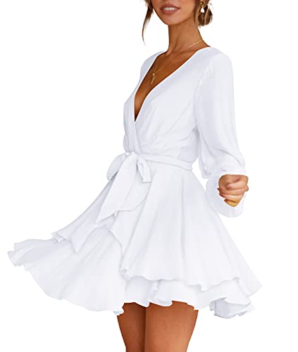 Cosonsen Womens Casual Dress Deep V-Neck Long Sleeve Tie Waist Ruffle Short Dress White L - Image 2