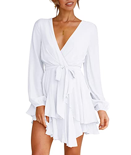 Cosonsen Womens Casual Dress Deep V-Neck Long Sleeve Tie Waist Ruffle Short Dress White L - Image 4