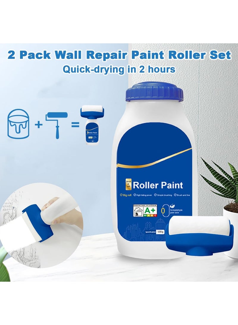 روك بو جدار إصلاح الطلاء الأسطوانة فرشاة، 2 حزمة جدار تصحيح فرشاة مجموعة مع 2 الأسطوانة بلا رائحة لصق فرشاة مع الطلاء اللاتكس إزالة البقع الخدوش، سريع التجفيف DIY تجديد الطلاء 1000g الأبيض - Image 2