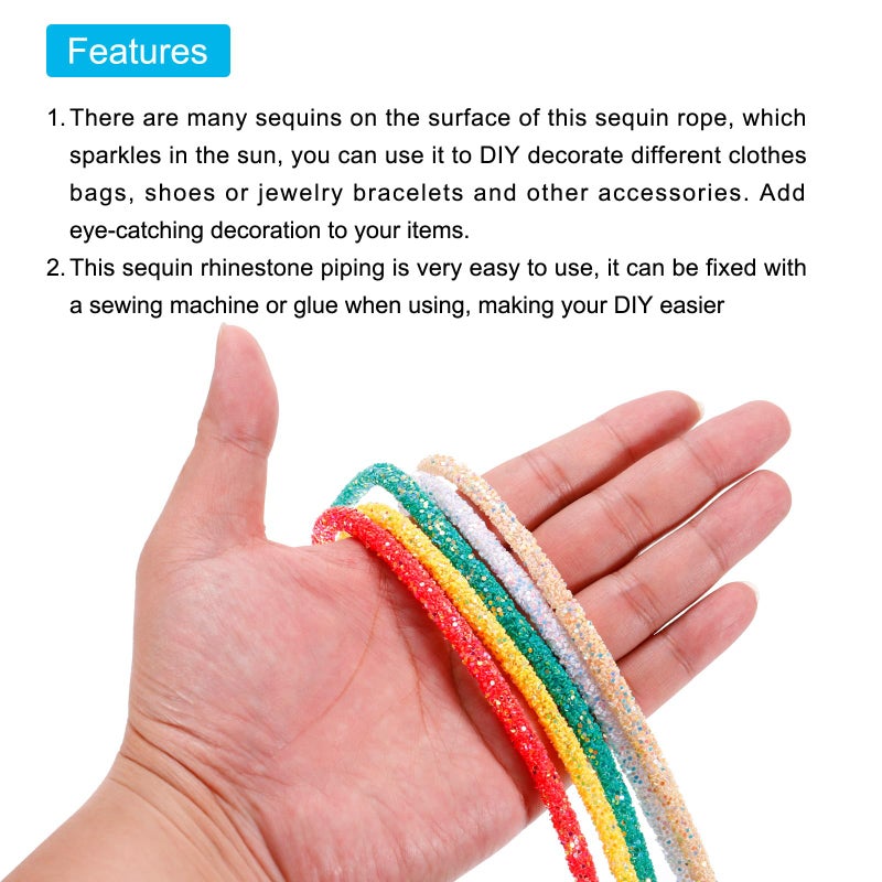 MECCANIXITY 5 Yard 6mm 0.24 inch Glitter Sequins Rope Sequins Rhinestone Tube Cord for DIY Wedding Dresses Costume Clothing Shoes Jewelry Accessory Black - Image 4