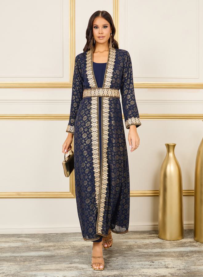 Maxim Creation Foil Print Thread Embroidered Stone Detail Belted Kaftan by Styli - Image 1