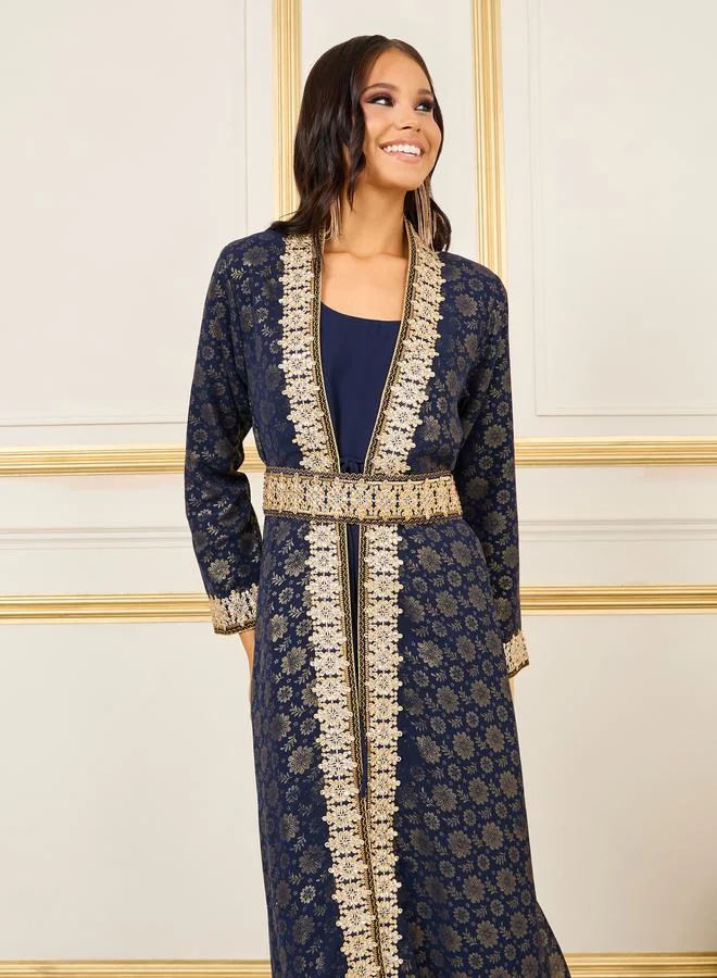 Maxim Creation Foil Print Thread Embroidered Stone Detail Belted Kaftan by Styli